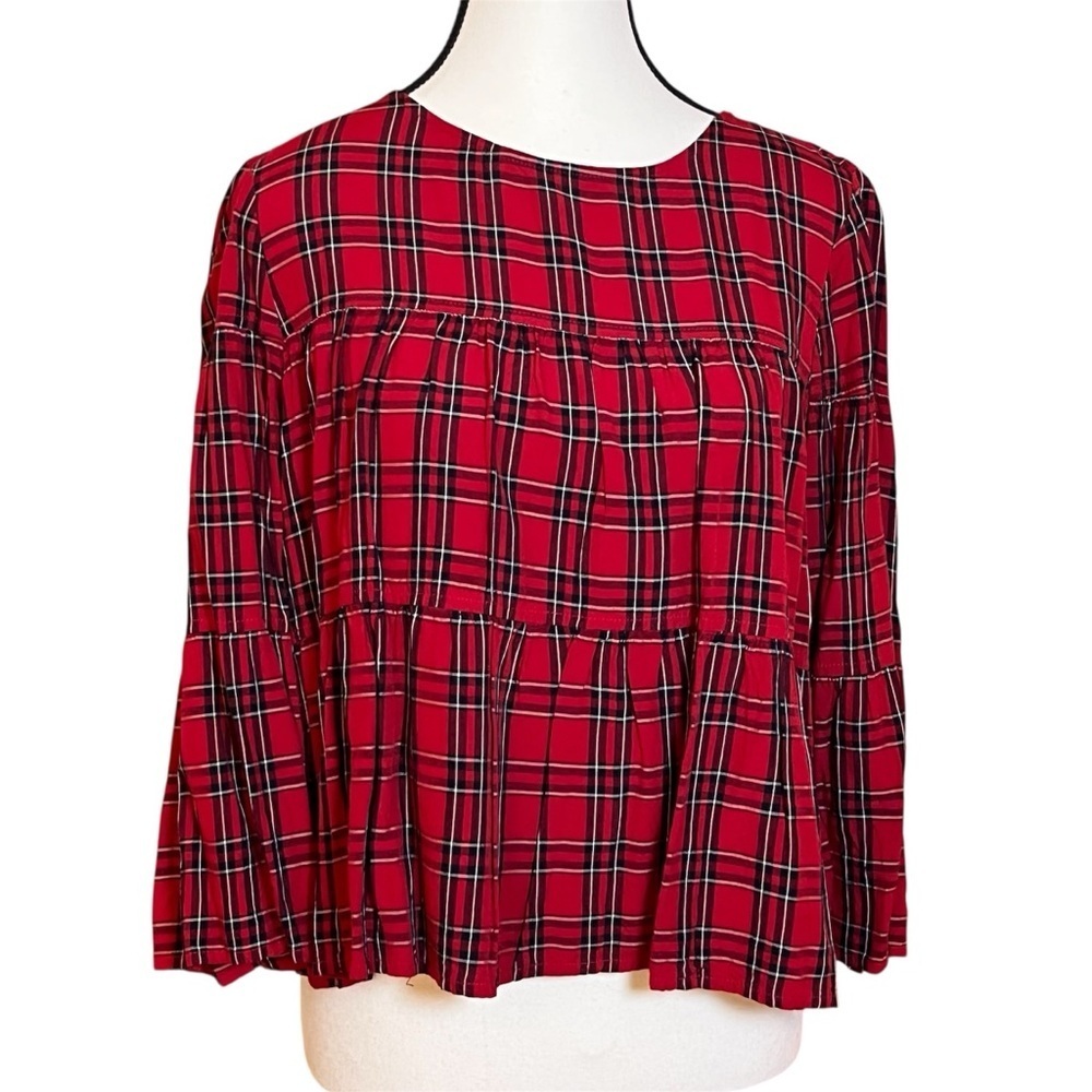 Madewell Plaid Tiered Button Back Top H3271 Red Size Small 3/4 Sleeve Christmas